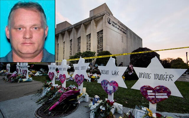 Composite photo via Times of Israel: A makeshift memorial stands outside the Tree of Life Synagogue in the aftermath of a deadly shooting in Pittsburgh, Oct. 29, 2018. Photo: AP Photo/Matt Rourke, File.
Inset: Robert Bowers. Photo: Pennsylvania Department of Transportation via AP, File Composite photo via Times of Israel: A makeshift memorial stands outside the Tree of Life Synagogue in the aftermath of a deadly shooting in Pittsburgh, Oct. 29, 2018. Photo: AP Photo/Matt Rourke, File.
Inset: Robert Bowers. Photo: Pennsylvania Department of Transportation via AP, File