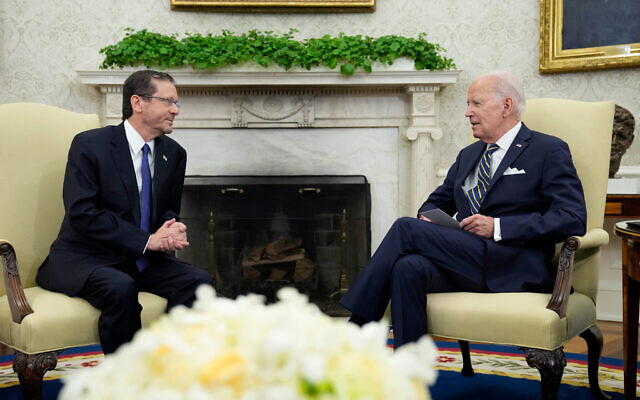 President Joe Biden meets with Israel’s President Isaac Herzog in the Oval Office of the White House in Washington, Tuesday, July 18, 2023. Photo: AP Photo/Susan Walsh President Joe Biden meets with Israel’s President Isaac Herzog in the Oval Office of the White House in Washington, Tuesday, July 18, 2023. Photo: AP Photo/Susan Walsh
