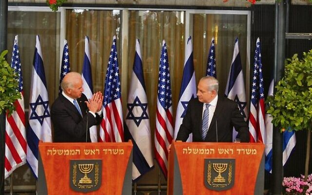 From left: Then-US vice president Joe Biden and Israeli Prime Minister Benjamin Netanyahu at a press conference in Jerusalem in 2010. Photo: AP/Ariel Schalit From left: Then-US vice president Joe Biden and Israeli Prime Minister Benjamin Netanyahu at a press conference in Jerusalem in 2010. Photo: AP/Ariel Schalit
