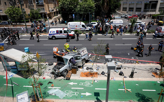 The scene of a car ramming terror attack in Tel Aviv on June 4, 2023. Photo: Miriam Alster/Flash90 The scene of a car ramming terror attack in Tel Aviv on June 4, 2023. Photo: Miriam Alster/Flash90