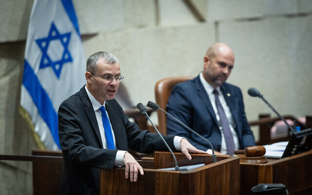 Justice Minister Yariv Levin addresses the Knesset plenum ahead of the final readings of the "reasonableness" bill, July 24, 2023. Photo: Yonatan Sindel/Flash90 Justice Minister Yariv Levin addresses the Knesset plenum ahead of the final readings of the "reasonableness" bill, July 24, 2023. Photo: Yonatan Sindel/Flash90