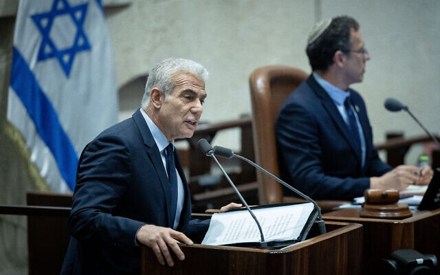 Yesh Atid party head MK Yair Lapid addresses the Knesset plenum. July 30, 2023. Photo: Yonatan Sindel/Flash90 Yesh Atid party head MK Yair Lapid addresses the Knesset plenum. July 30, 2023. Photo: Yonatan Sindel/Flash90