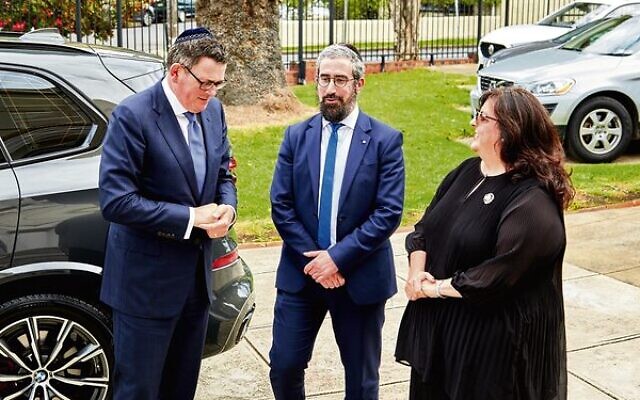 Premier Daniel Andrews (left) with Rabbi Glasman and St Kilda Shule president Janice Iloni-Furstenburg during Andrews' first visit to the shule earlier this year.
Photo: Paul Topol. Premier Daniel Andrews (left) with Rabbi Glasman and St Kilda Shule president Janice Iloni-Furstenburg during Andrews' first visit to the shule earlier this year.
Photo: Paul Topol.