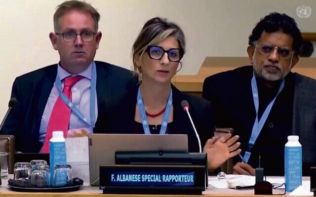 UN Special Rapporteur Francesca Albanese addresses the UN.
Photo: Screenshot/YouTube, used in accordance with Clause 27a of the Copyright Law UN Special Rapporteur Francesca Albanese addresses the UN.
Photo: Screenshot/YouTube, used in accordance with Clause 27a of the Copyright Law