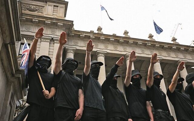 Neo-Nazis outside Parliament House in Melbourne on Saturday, March 18. Photo: AAP Image/James Ross Neo-Nazis outside Parliament House in Melbourne on Saturday, March 18. Photo: AAP Image/James Ross