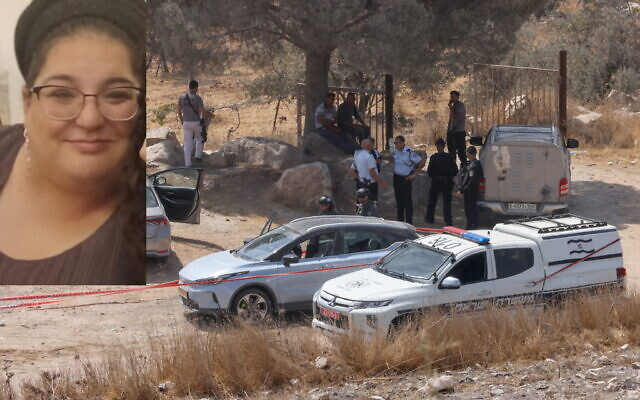 Members of Israeli security forces and emergency services stand at the scene of a deadly shooting attack near Hebron in the southern West Bank, August 21, 2023. Inset: Batsheva Nigri, who was killed in the attack. Photo: HAZEM BADER / AFP; courtesy Members of Israeli security forces and emergency services stand at the scene of a deadly shooting attack near Hebron in the southern West Bank, August 21, 2023. Inset: Batsheva Nigri, who was killed in the attack. Photo: HAZEM BADER / AFP; courtesy