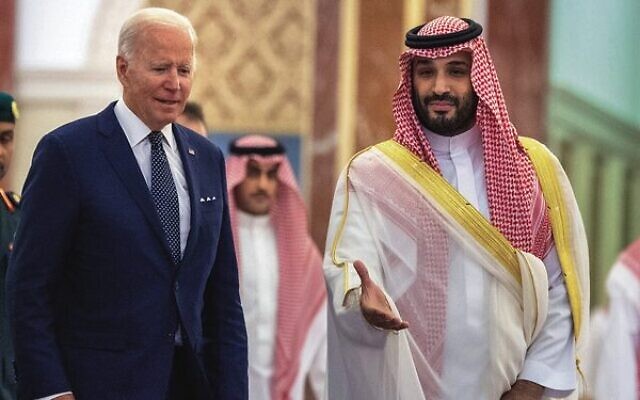 From left: US President Joe Biden and Saudi Crown Prince Mohammed bin Salman in Jeddah, Saudi Arabia, July 15, 2022.
Photo: Bandar Aljaloud/Saudi Royal Palace via AP, File From left: US President Joe Biden and Saudi Crown Prince Mohammed bin Salman in Jeddah, Saudi Arabia, July 15, 2022.
Photo: Bandar Aljaloud/Saudi Royal Palace via AP, File