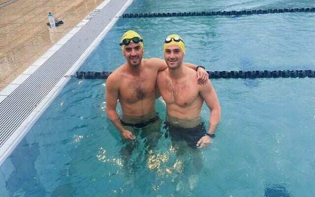 Dylan (left) and Ryan Blumberg after a swimming training session. Dylan (left) and Ryan Blumberg after a swimming training session.
