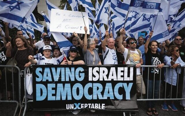 Anti-overhaul activists protest outside UN Headquarters in New York City.
Photo: Luke Tress/Times of Israel Anti-overhaul activists protest outside UN Headquarters in New York City.
Photo: Luke Tress/Times of Israel
