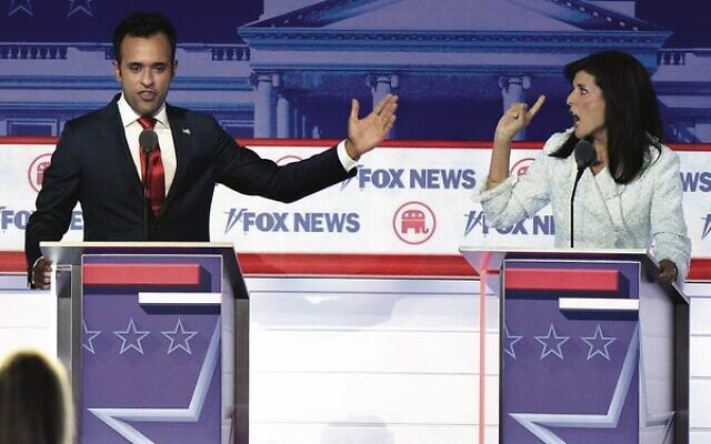 Vivek Ramaswamy and Nikki Haley speak during a Republican presidential primary debate. Photo: AP Photo/Morry Gash Vivek Ramaswamy and Nikki Haley speak during a Republican presidential primary debate. Photo: AP Photo/Morry Gash