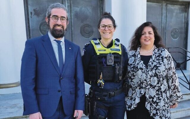 From left: Rabbi Yaakov Glasman, Sergeant Sarah Green, Janice Iloni-Furstenberg, president St Kilda Shule. From left: Rabbi Yaakov Glasman, Sergeant Sarah Green, Janice Iloni-Furstenberg, president St Kilda Shule.