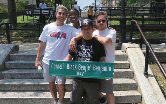 From left: Pete Chelala, Angelique Lenox, Julian Voloj and Bryan Master at the Cornell Benjamin street renaming ceremony in the Bronx, June 2, 2023. From left: Pete Chelala, Angelique Lenox, Julian Voloj and Bryan Master at the Cornell Benjamin street renaming ceremony in the Bronx, June 2, 2023.