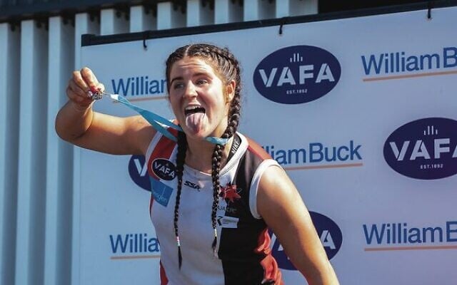 Caitlin Boylan, holding her Best on Ground medal, after AJAX's 2023 VAFA women's division 3 grand final win.
Photo: Cath Coady/VAFA Caitlin Boylan, holding her Best on Ground medal, after AJAX's 2023 VAFA women's division 3 grand final win.
Photo: Cath Coady/VAFA