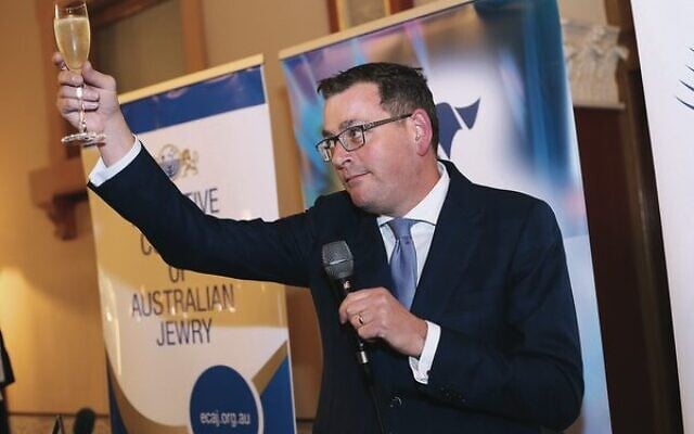Outgoing Victorian Premier Daniel Andrews toasting the State of Israel at a Yom Ha'atzmaut cocktail reception at the Windsor Hotel in May 2023. Photo: Peter Haskin Outgoing Victorian Premier Daniel Andrews toasting the State of Israel at a Yom Ha'atzmaut cocktail reception at the Windsor Hotel in May 2023. Photo: Peter Haskin