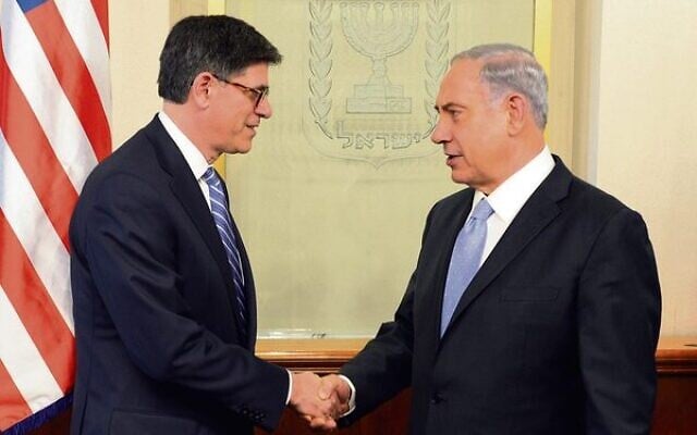 Jack Lew (left) with Benjamin Netanyahu in June 2014.
Photo: Matty Stern/US Embassy in Israel Jack Lew (left) with Benjamin Netanyahu in June 2014.
Photo: Matty Stern/US Embassy in Israel