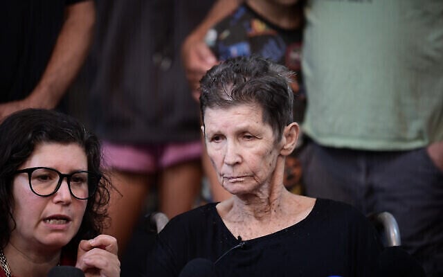 Freed Israeli hostage Yocheved Lifshitz speaks to the press, with her daughter at her side, at Ichilov hospital in Tel Aviv on October 24, 2023. (Avshalom Sassoni/Flash90/Times of Israel) Freed Israeli hostage Yocheved Lifshitz speaks to the press, with her daughter at her side, at Ichilov hospital in Tel Aviv on October 24, 2023. (Avshalom Sassoni/Flash90/Times of Israel)