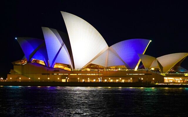 The sails of Sydney Opera House shone blue and white on Monday October 9 2023, in solidarity with the people of Israel. The sails of Sydney Opera House shone blue and white on Monday October 9 2023, in solidarity with the people of Israel.
