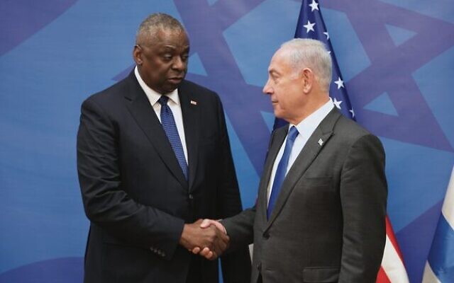 US Defence Secretary Lloyd Austin meets Israeli Prime Minister Benjamin Netanyahu in Tel Aviv on October 13. Photo: Amos Ben Gershom/GPO US Defence Secretary Lloyd Austin meets Israeli Prime Minister Benjamin Netanyahu in Tel Aviv on October 13. Photo: Amos Ben Gershom/GPO