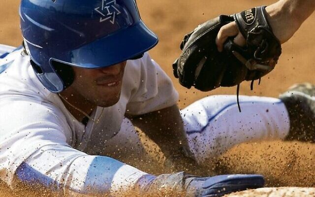Israel's Yoni Zeevi touches base with a dive during a 2023 European Baseball Championship match last week in Czechia. Photo: Jan Benes/Eurobaseball 2023 Israel's Yoni Zeevi touches base with a dive during a 2023 European Baseball Championship match last week in Czechia. Photo: Jan Benes/Eurobaseball 2023