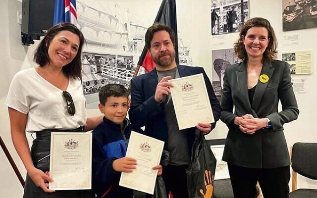 Wentworth MP Allegra Spender (right) with a family of new Australian citizens at the ceremony at JewishCare. Wentworth MP Allegra Spender (right) with a family of new Australian citizens at the ceremony at JewishCare.