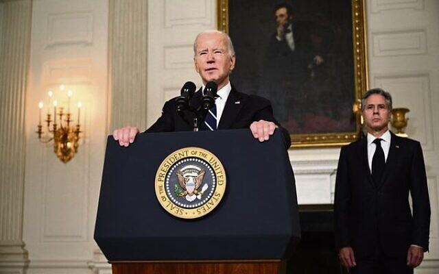 US Secretary of State Antony Blinken looks on as President Joe Biden speaks about the Palestinian militant group Hamas' attacks on Israel.
Photo: Brendan Smialowski/AFP US Secretary of State Antony Blinken looks on as President Joe Biden speaks about the Palestinian militant group Hamas' attacks on Israel.
Photo: Brendan Smialowski/AFP