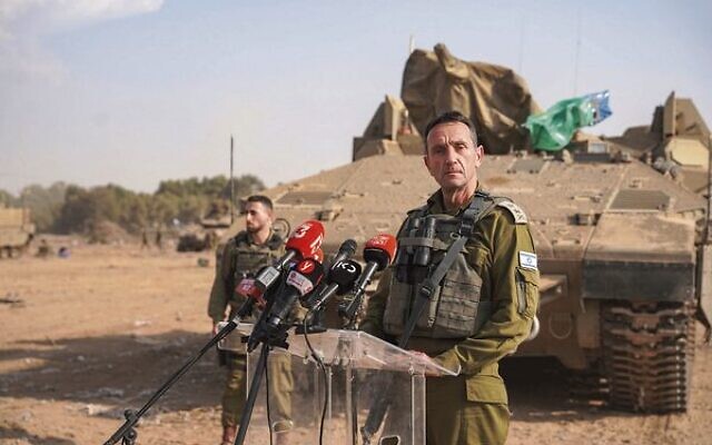 IDF Chief of Staff Lt. Gen. Herzi Halevi speaks to media near the Gaza border.
Photo: Emanuel Fabian/Times of Israel IDF Chief of Staff Lt. Gen. Herzi Halevi speaks to media near the Gaza border.
Photo: Emanuel Fabian/Times of Israel