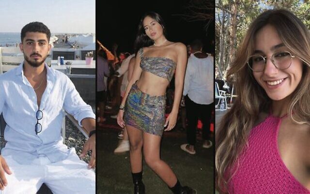 From left: Gad Liebersohn, 21, Yarin Amar, 22 and Yaelle Bonnet, 21 survived the terror attack at the Tribe of Nova party outside Kibbutz Re'im in the Negev desert in southern Israel on October 7. Photos: JTA From left: Gad Liebersohn, 21, Yarin Amar, 22 and Yaelle Bonnet, 21 survived the terror attack at the Tribe of Nova party outside Kibbutz Re'im in the Negev desert in southern Israel on October 7. Photos: JTA
