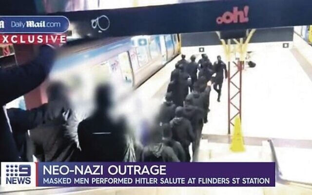 Neo-Nazis at Flinders St Station. Photo: Screenshot/Channel 9 via Daily Mail Neo-Nazis at Flinders St Station. Photo: Screenshot/Channel 9 via Daily Mail