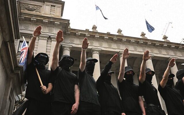 Neo-Nazi protesters outside Parliament House in Melbourne on Saturday, March 18. Photo: AAP Image/James Ross Neo-Nazi protesters outside Parliament House in Melbourne on Saturday, March 18. Photo: AAP Image/James Ross