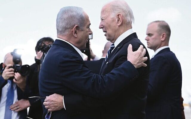 Israeli PM Benjamin Netanyahu (left) greets US President Joe Biden at Ben Gurion Airport on October 18. Photo: Brendan Smialowski / AFP Israeli PM Benjamin Netanyahu (left) greets US President Joe Biden at Ben Gurion Airport on October 18. Photo: Brendan Smialowski / AFP