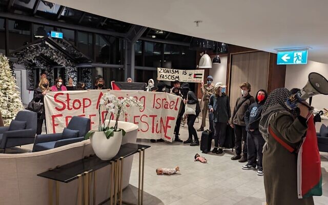The demonstrators at the hotel in Melbourne. The demonstrators at the hotel in Melbourne.