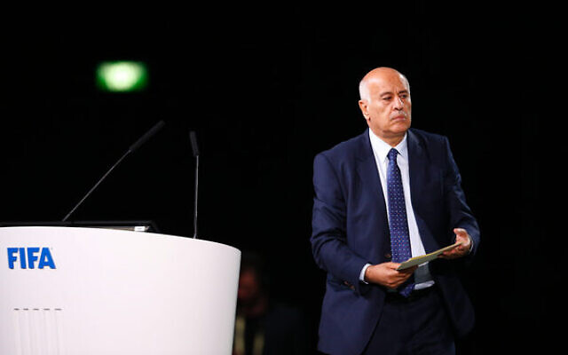 Jibril Rajoub after a speech at the FIFA congress in Moscow in 2018. Photo: Alexander Zemlianichenko/AP Jibril Rajoub after a speech at the FIFA congress in Moscow in 2018. Photo: Alexander Zemlianichenko/AP