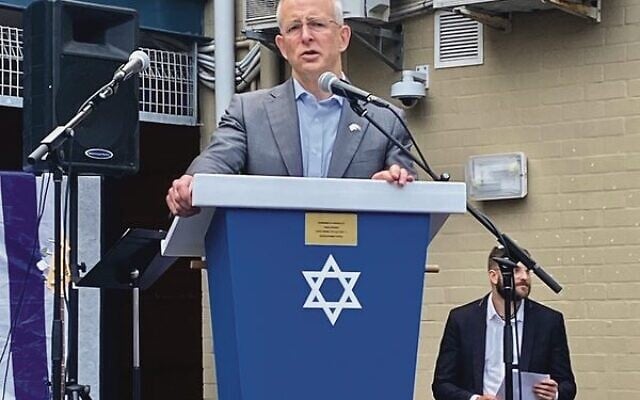 Federal Member for Bradfield, Paul Fletcher, speaking at the communal barbecue for Israel at Masada College on November 5. Federal Member for Bradfield, Paul Fletcher, speaking at the communal barbecue for Israel at Masada College on November 5.