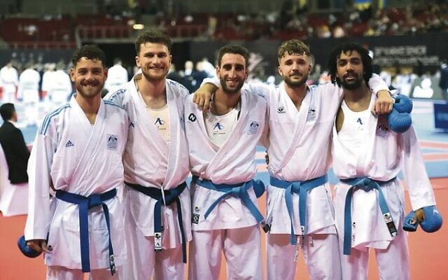 Yonatan Freund (centre) with his Australian teammates at the Karate World Championships. Photo: Kaizen Culture Yonatan Freund (centre) with his Australian teammates at the Karate World Championships. Photo: Kaizen Culture