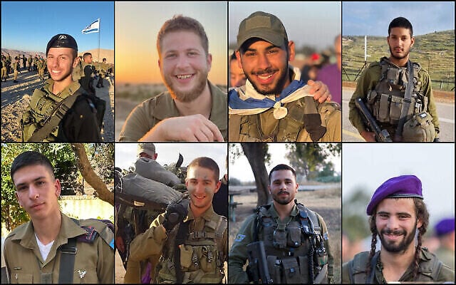 Top row L-R: Lt. Ariel Reich, Cpl. Asif Luger, Sgt. Adi Danan, Staff Sgt. Halel Solomon. Bottom row L-R: Staff Sgt. Erez Mishlovsky, Cpl. Lior Siminovich, Staff Sgt. Roei Dawi, Lt. Pedayah Mark. Photo: IDF/The Times of Israel. Top row L-R: Lt. Ariel Reich, Cpl. Asif Luger, Sgt. Adi Danan, Staff Sgt. Halel Solomon. Bottom row L-R: Staff Sgt. Erez Mishlovsky, Cpl. Lior Siminovich, Staff Sgt. Roei Dawi, Lt. Pedayah Mark. Photo: IDF/The Times of Israel.