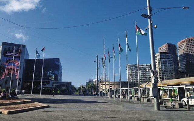 Palestinian flags flying over Melbourne's Federation Square last Friday. Palestinian flags flying over Melbourne's Federation Square last Friday.