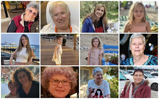 Israeli hostages released on November 24, 2023: Top from L-R: Adina Moshe, Margalit Moses, Danielle Aloni and her daughter Emilia; middle: Doron Asher and her daughters Raz and Aviv, Hannah Katzir; bottom row: Keren Munder and her son Ohad, Ruti Munder, Yaffa Adar and Channah Peri. Photo: Courtesy/ The Times of Israel. Israeli hostages released on November 24, 2023: Top from L-R: Adina Moshe, Margalit Moses, Danielle Aloni and her daughter Emilia; middle: Doron Asher and her daughters Raz and Aviv, Hannah Katzir; bottom row: Keren Munder and her son Ohad, Ruti Munder, Yaffa Adar and Channah Peri. Photo: Courtesy/ The Times of Israel.