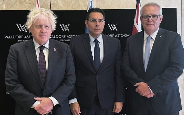 From left: Boris Johnson, Danny Danon and Scott Morrison in Israel. From left: Boris Johnson, Danny Danon and Scott Morrison in Israel.