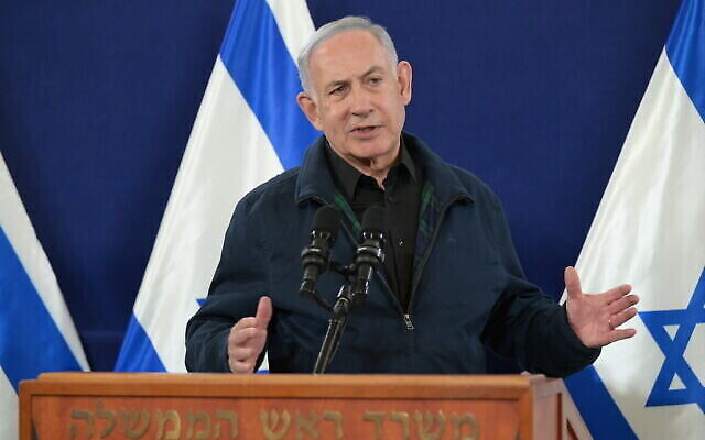Prime Minister Benjamin Netanyahu delivers remarks to the press in Tel Aviv on December 2, 2023. (The Times of Israel: Amos Ben Gershom/GPO) Prime Minister Benjamin Netanyahu delivers remarks to the press in Tel Aviv on December 2, 2023. (The Times of Israel: Amos Ben Gershom/GPO)