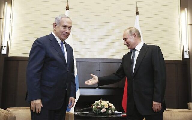 Benjamin Netanyahu (left) and Vladimir Putin in Sochi, Russia in 2019.
Photo: Shamil Zhumatov/Pool Photo via AP Benjamin Netanyahu (left) and Vladimir Putin in Sochi, Russia in 2019.
Photo: Shamil Zhumatov/Pool Photo via AP