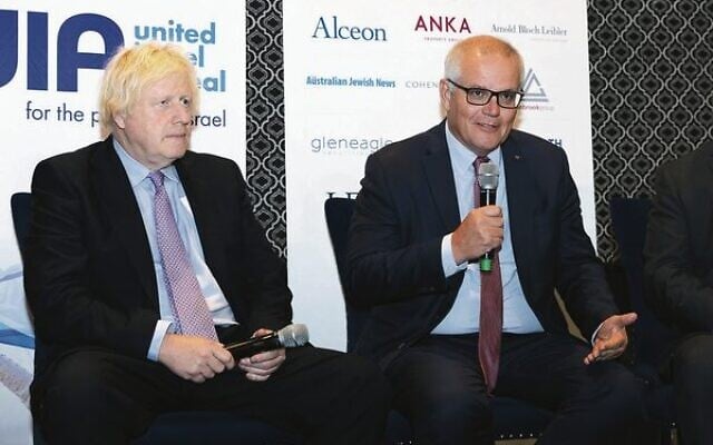 Former prime ministers Boris Johnson and Scott Morrison address the UIA lunch. Photo: Giselle Haber Former prime ministers Boris Johnson and Scott Morrison address the UIA lunch. Photo: Giselle Haber