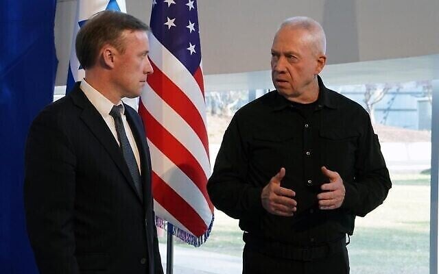 Defense Minister Yoav Gallant (right) meets with US National Security Adviser Jake Sullivan in Tel Aviv, December 14, 2023. (The Times of Israel: Ariel Hermoni/Defense Ministry) Defense Minister Yoav Gallant (right) meets with US National Security Adviser Jake Sullivan in Tel Aviv, December 14, 2023. (The Times of Israel: Ariel Hermoni/Defense Ministry)