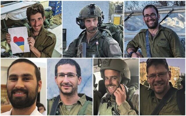 IDF soldiers killed in the Gaza Strip. Top L-R Sgt. Maj. (res.) Etay Perry, Cpt. (res.) Eliya Yanovsky, Master Sgt. (res.) Ari Yehiel Zenilman. Bottom: Sgt. Maj. (res.) Gideon Ilani, Maj. (res.) Eviatar Cohen, Maj. Gal Becher, and Maj. (res.) Roman Bronshtein. Photo: TOI IDF soldiers killed in the Gaza Strip. Top L-R Sgt. Maj. (res.) Etay Perry, Cpt. (res.) Eliya Yanovsky, Master Sgt. (res.) Ari Yehiel Zenilman. Bottom: Sgt. Maj. (res.) Gideon Ilani, Maj. (res.) Eviatar Cohen, Maj. Gal Becher, and Maj. (res.) Roman Bronshtein. Photo: TOI