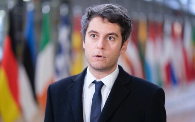 French Minister of National Education and Youth Gabriel Attal talks to media prior an education and youth Ministers Council meeting in the Europa building in Brussels, Nov. 23, 2023. (JTA: Thierry Monasse/Getty Images) French Minister of National Education and Youth Gabriel Attal talks to media prior an education and youth Ministers Council meeting in the Europa building in Brussels, Nov. 23, 2023. (JTA: Thierry Monasse/Getty Images)