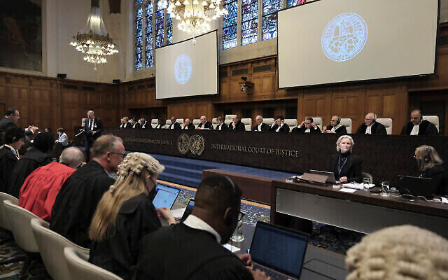 Judges and parties sit during a hearing at the International Court of Justice in The Hague, Netherlands, Jan. 12, 2024. (The Times of Israel: AP Photo/Patrick Post) Judges and parties sit during a hearing at the International Court of Justice in The Hague, Netherlands, Jan. 12, 2024. (The Times of Israel: AP Photo/Patrick Post)