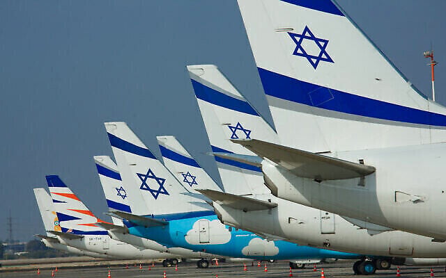 File - El Al airplanes on the tarmac at Israel's Ben Gurion International Airport, October 4, 2022. (The Times of Israel: Moshe Shai/Flash 90) File - El Al airplanes on the tarmac at Israel's Ben Gurion International Airport, October 4, 2022. (The Times of Israel: Moshe Shai/Flash 90)