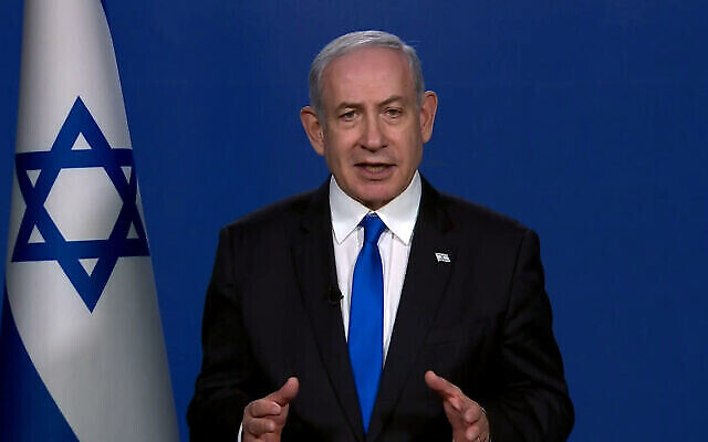 Israeli Prime Minister Benjamin Netanyahu speaks in a video statement, January 19, 2024. (The Times of Israel: screenshot) Israeli Prime Minister Benjamin Netanyahu speaks in a video statement, January 19, 2024. (The Times of Israel: screenshot)
