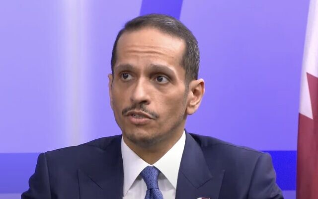 Qatar's PM Mohammed Bin Abdulrahman Al Thani speaking at the Atlantic Council, January 29, 2024. (The Times of Israel: YouTube screenshot) Qatar's PM Mohammed Bin Abdulrahman Al Thani speaking at the Atlantic Council, January 29, 2024. (The Times of Israel: YouTube screenshot)
