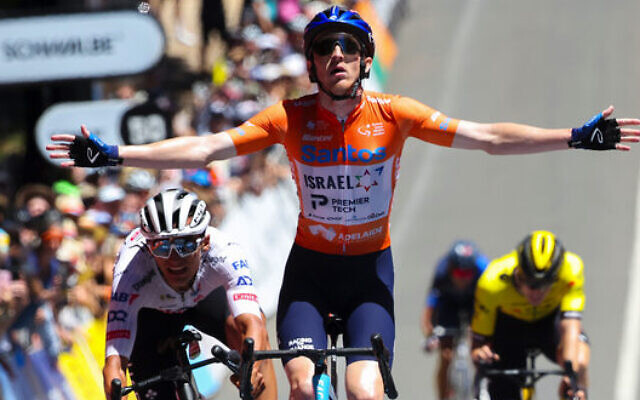 Israel Premier Tech's Stephen Williams celebrates winning the 2024 Tour Down Under on January 21. Photo: Tour Down Under Israel Premier Tech's Stephen Williams celebrates winning the 2024 Tour Down Under on January 21. Photo: Tour Down Under