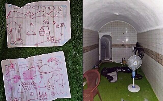 Images released by the IDF on January 20 from a tunnel in Khan Younis. Left: drawings by Emilia Aloni; right: an area where hostages were held. Photos: IDF Images released by the IDF on January 20 from a tunnel in Khan Younis. Left: drawings by Emilia Aloni; right: an area where hostages were held. Photos: IDF